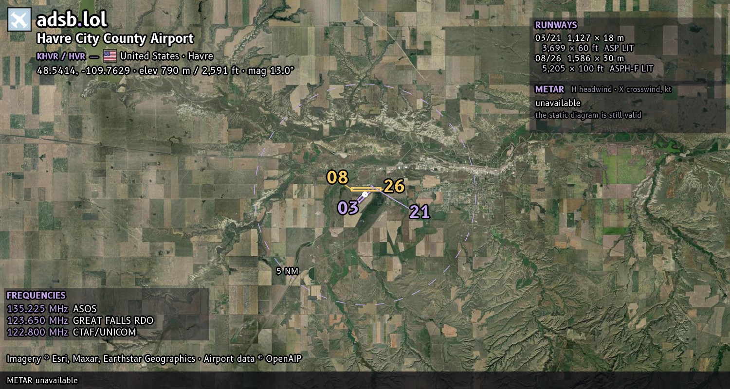 Satellite map with the runway layout of Havre City County Airport (KHVR)