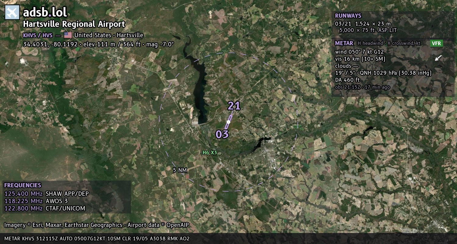 Satellite map with the runway layout of Hartsville Regional Airport (KHVS)