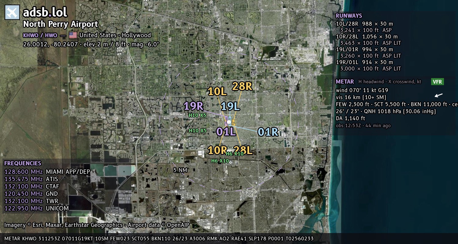 Satellite map with the runway layout of North Perry Airport (KHWO)