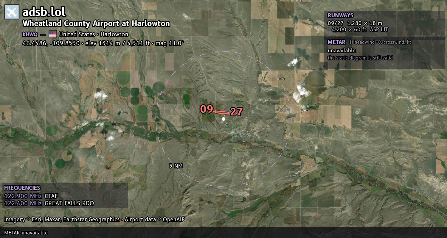 Satellite map with the runway layout of Wheatland County Airport at Harlowton (KHWQ)