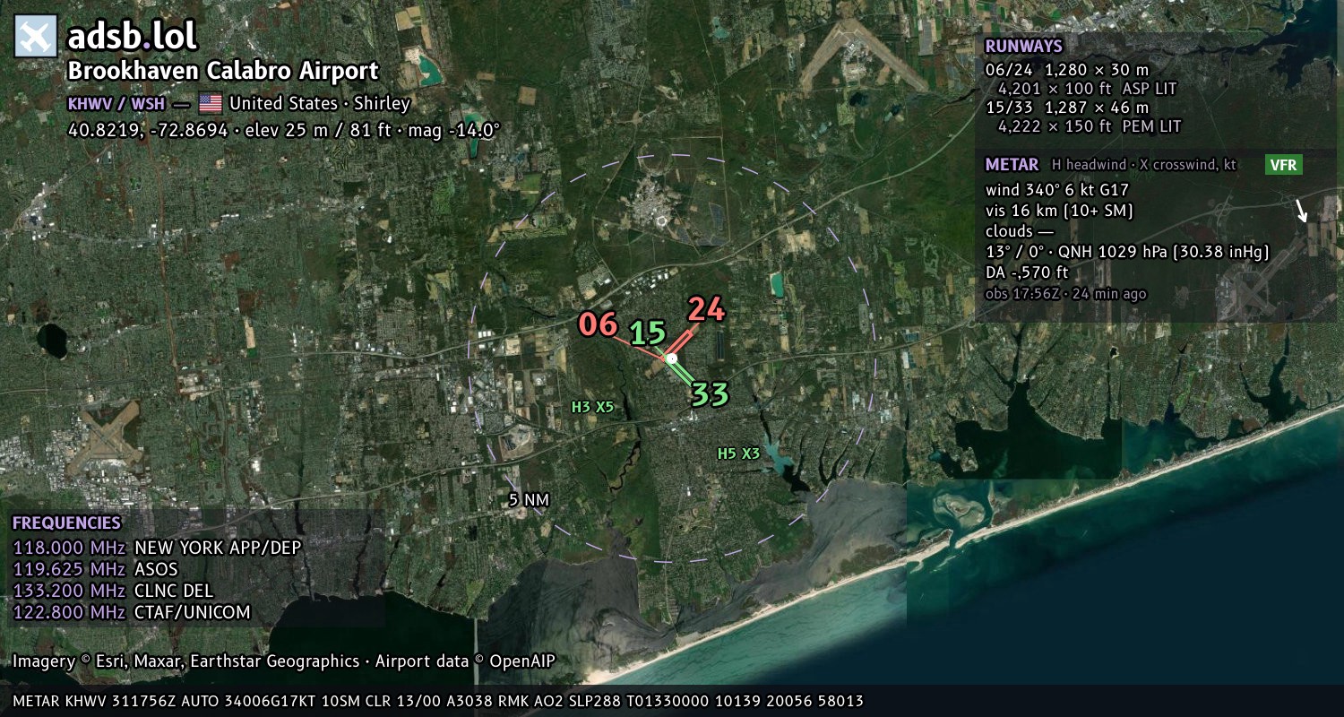 Satellite map with the runway layout of Brookhaven Calabro Airport (KHWV)