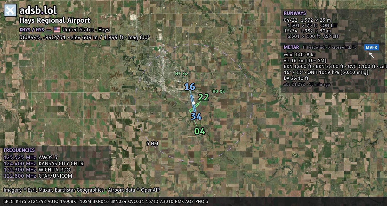 Satellite map with the runway layout of Hays Regional Airport (KHYS)