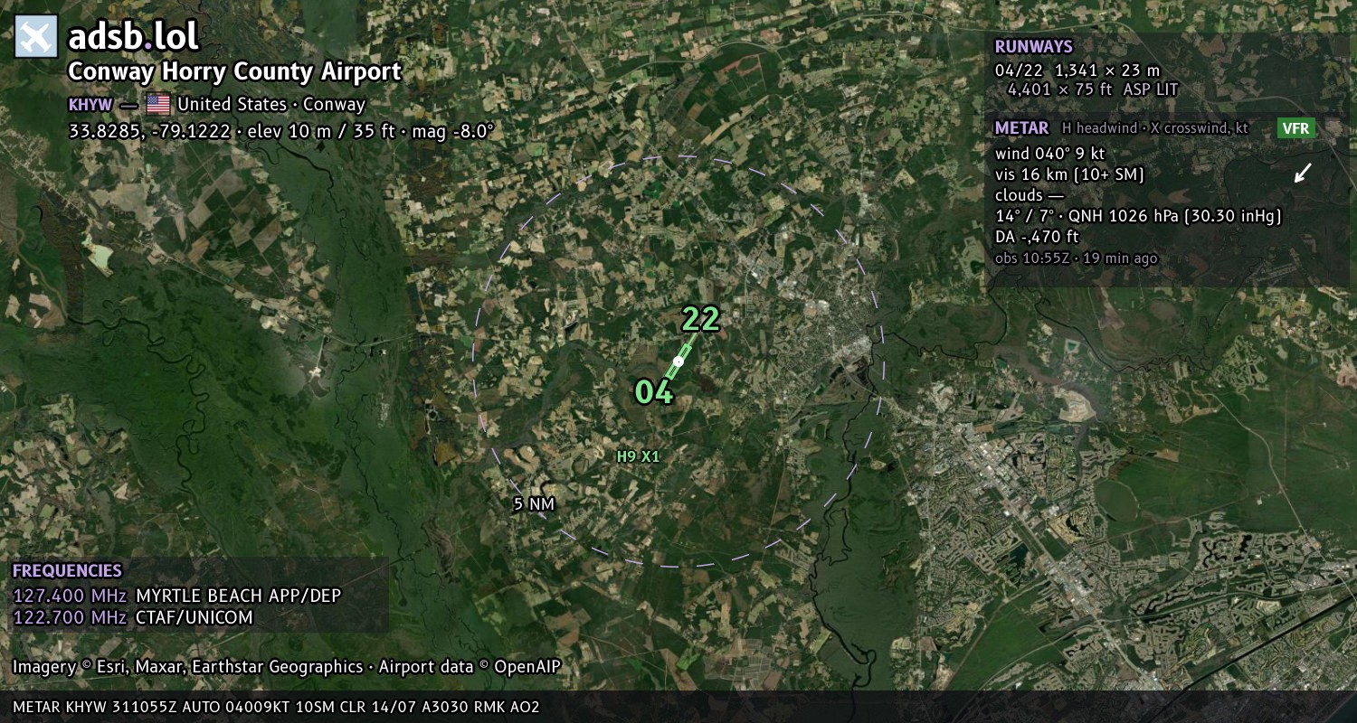 Satellite map with the runway layout of Conway Horry County Airport (KHYW)