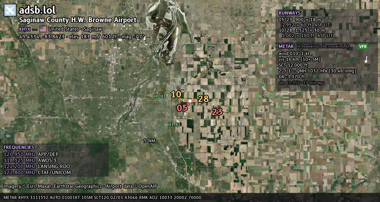 Satellite map with the runway layout of Saginaw County H.W. Browne Airport (KHYX)