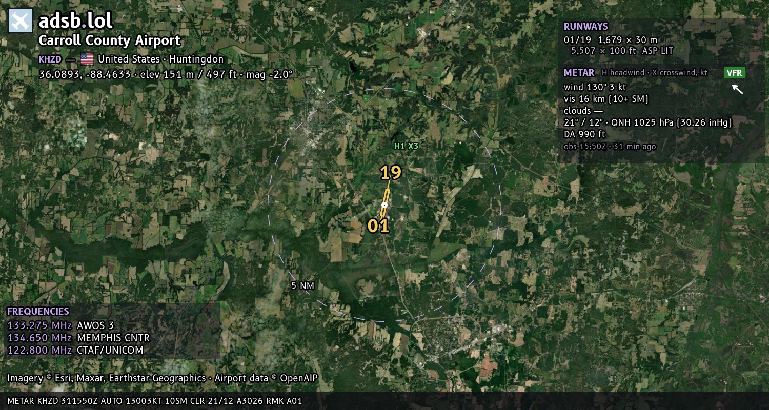 Satellite map with the runway layout of Carroll County Airport (KHZD)