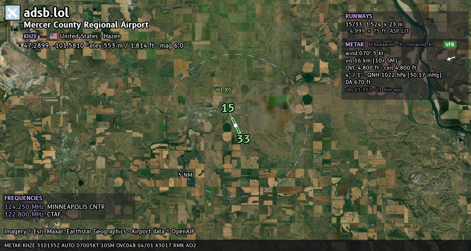 Satellite map with the runway layout of Mercer County Regional Airport (KHZE)