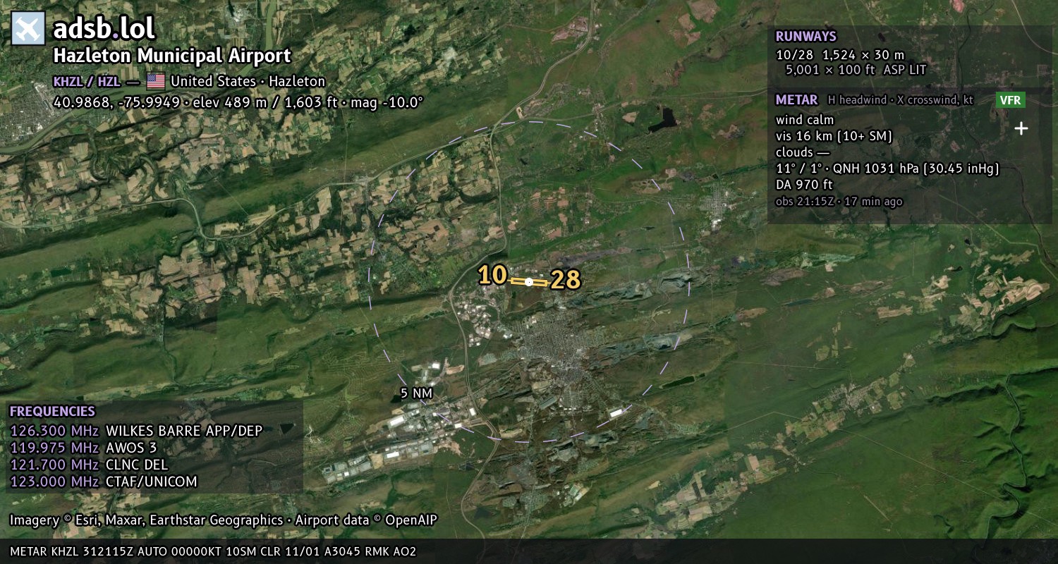 Satellite map with the runway layout of Hazleton Municipal Airport (KHZL)
