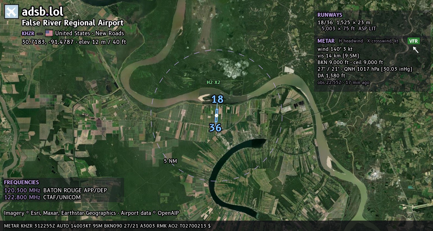 Satellite map with the runway layout of False River Regional Airport (KHZR)