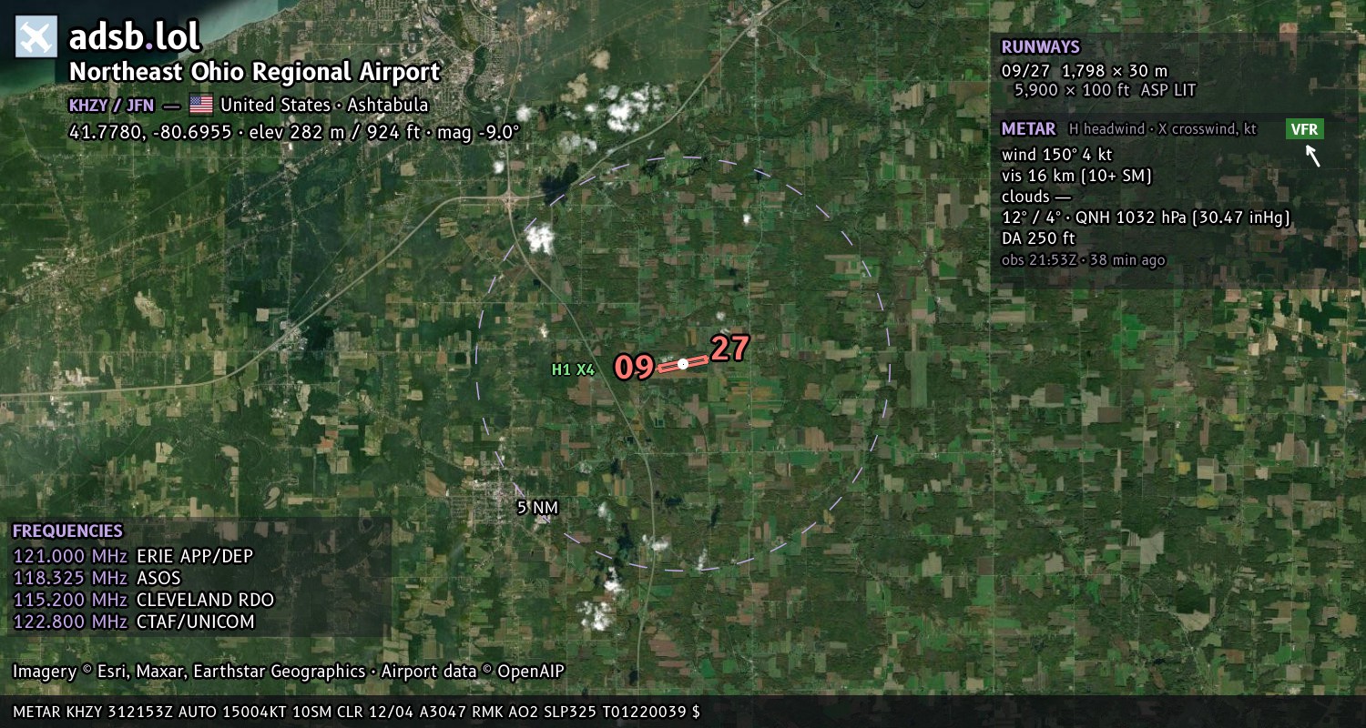 Satellite map with the runway layout of Northeast Ohio Regional Airport (KHZY)