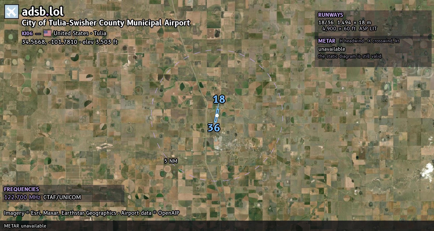 Satellite map with the runway layout of City of Tulia-Swisher County Municipal Airport (KI06)