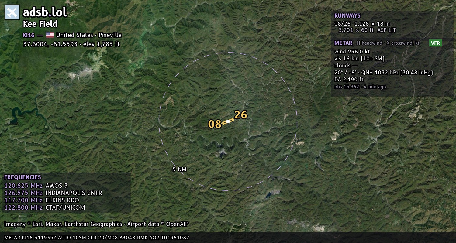 Satellite map with the runway layout of Kee Field (KI16)