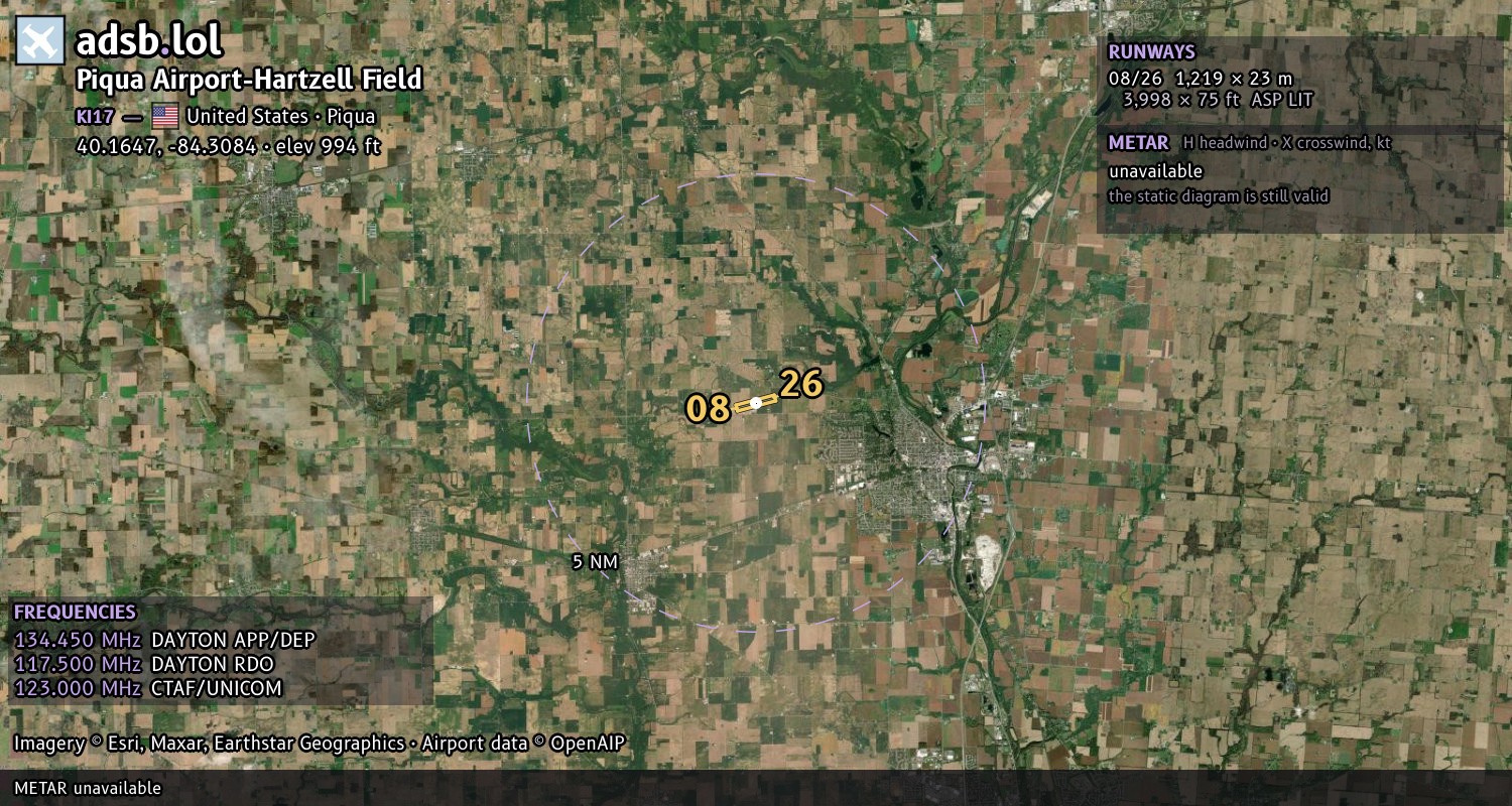 Satellite map with the runway layout of Piqua Airport-Hartzell Field (KI17)