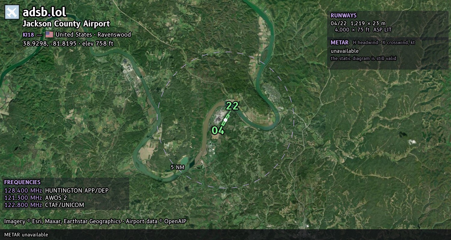 Satellite map with the runway layout of Jackson County Airport (KI18)