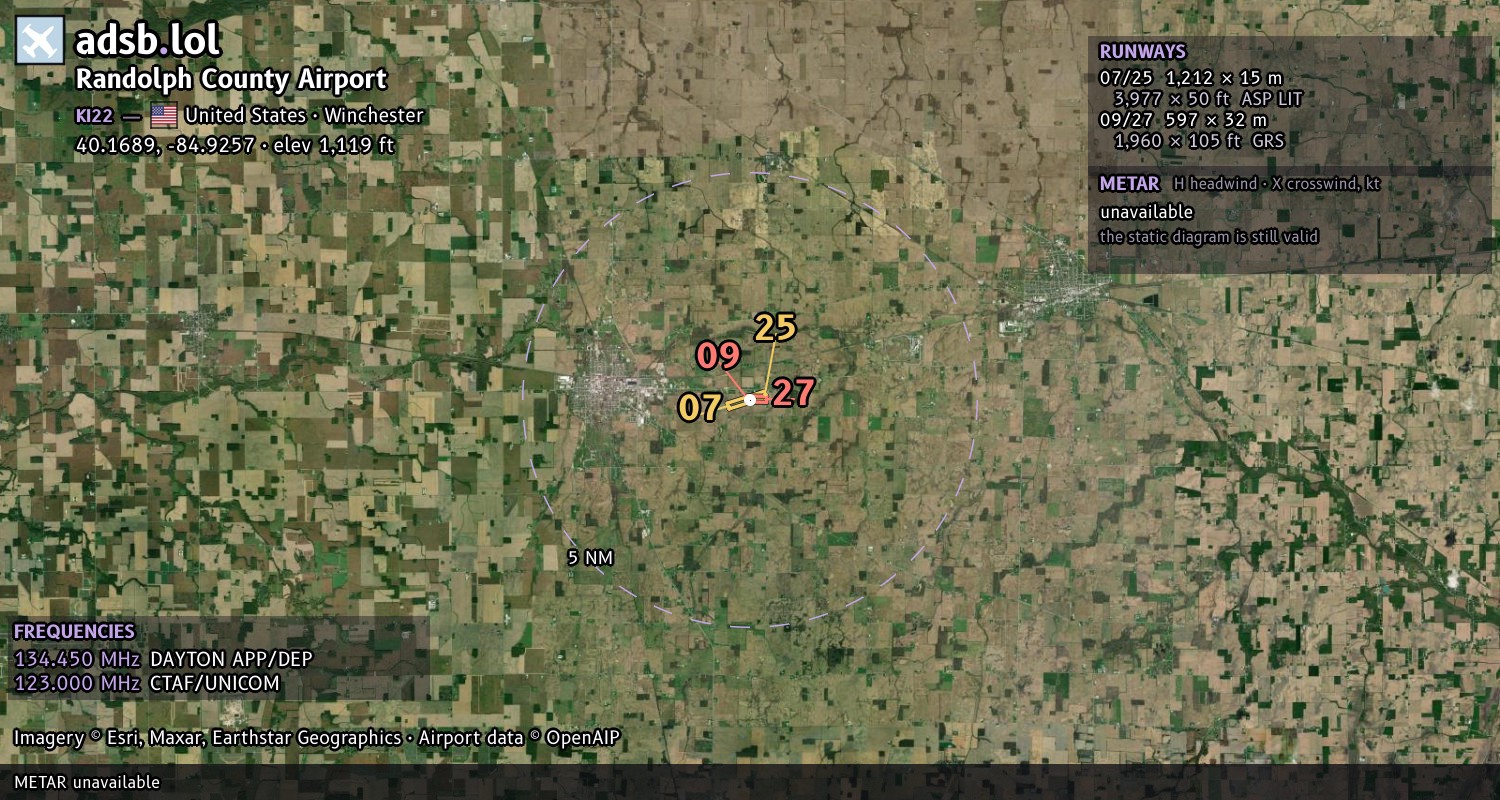 Satellite map with the runway layout of Randolph County Airport (KI22)