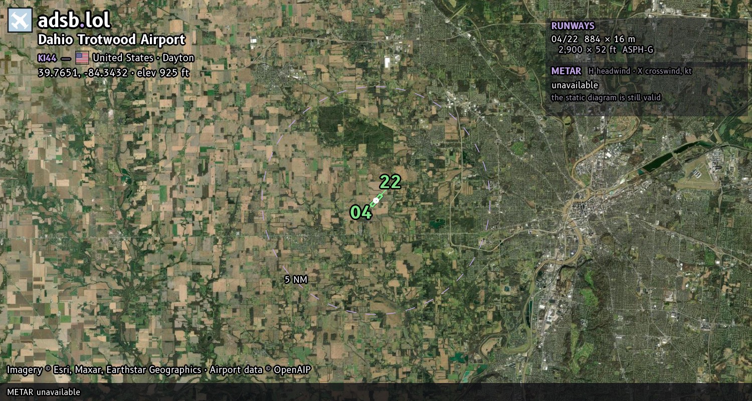 Satellite map with the runway layout of Dahio Trotwood Airport (KI44)