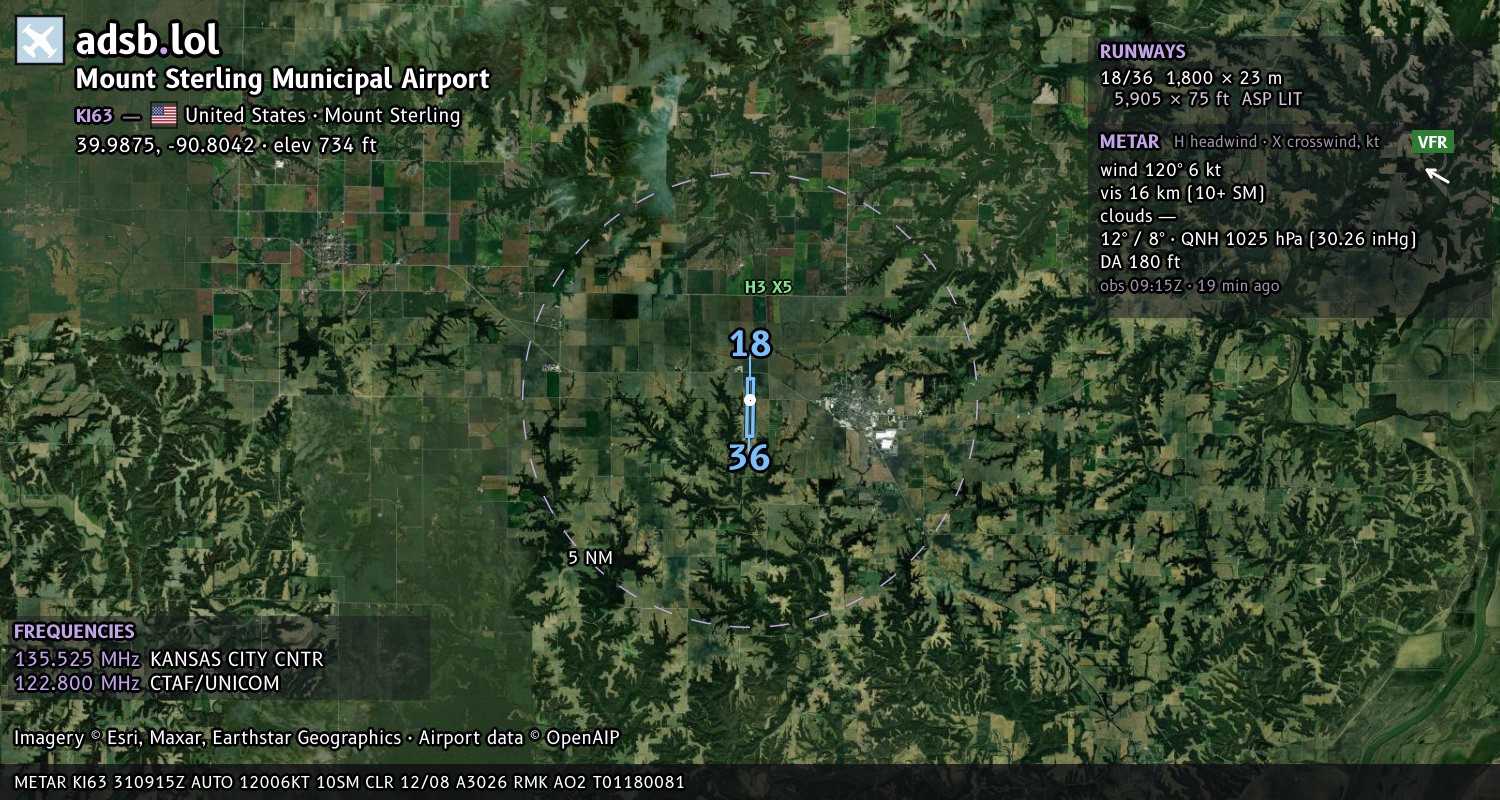Satellite map with the runway layout of Mount Sterling Municipal Airport (KI63)