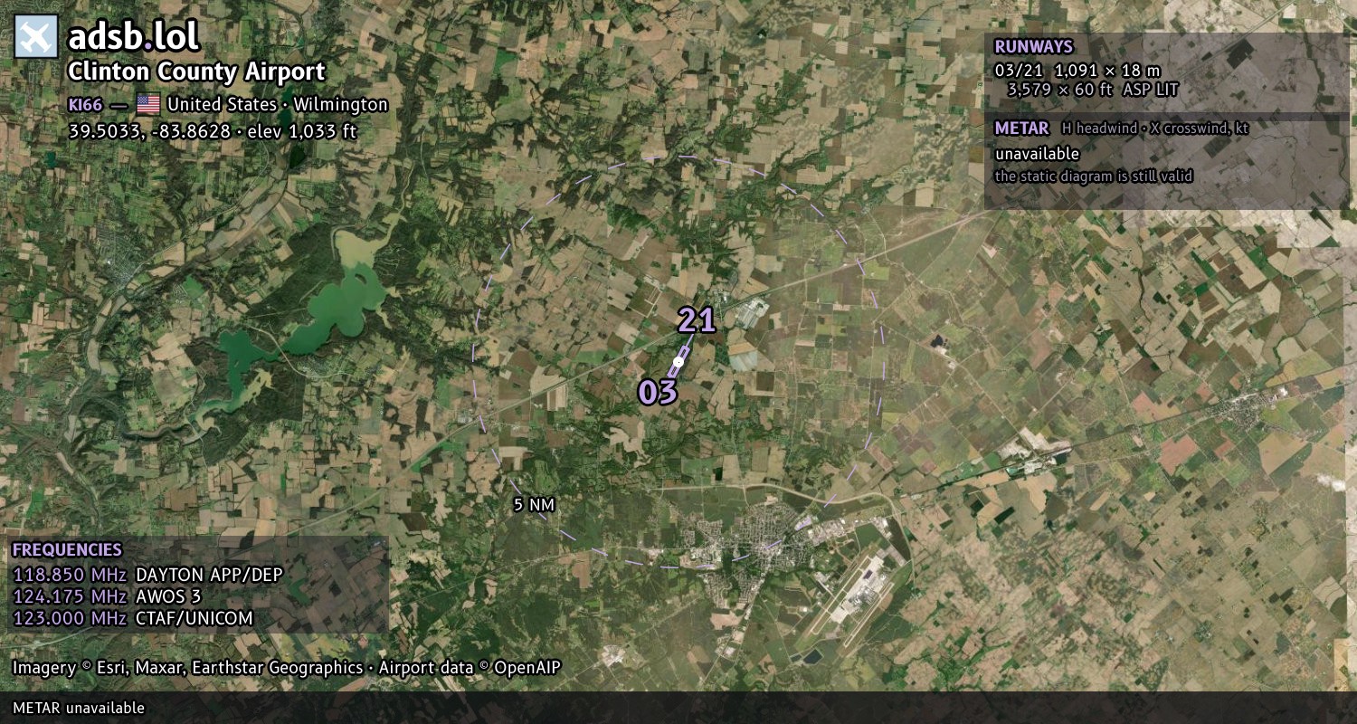 Satellite map with the runway layout of Clinton County Airport (KI66)