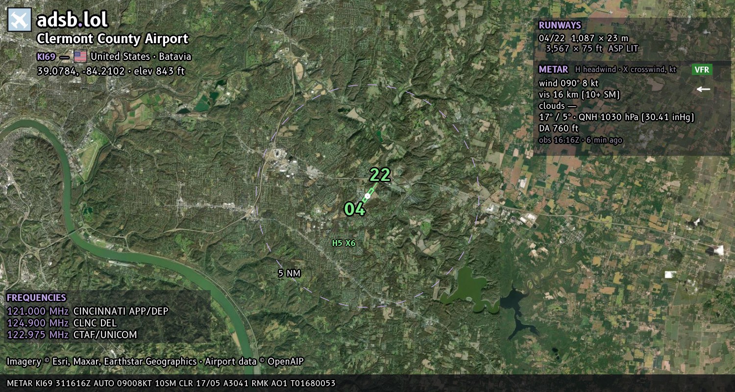 Satellite map with the runway layout of Clermont County Airport (KI69)