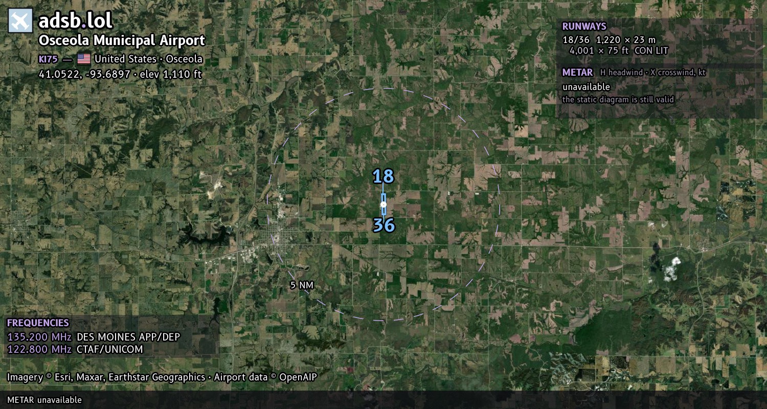 Satellite map with the runway layout of Osceola Municipal Airport (KI75)