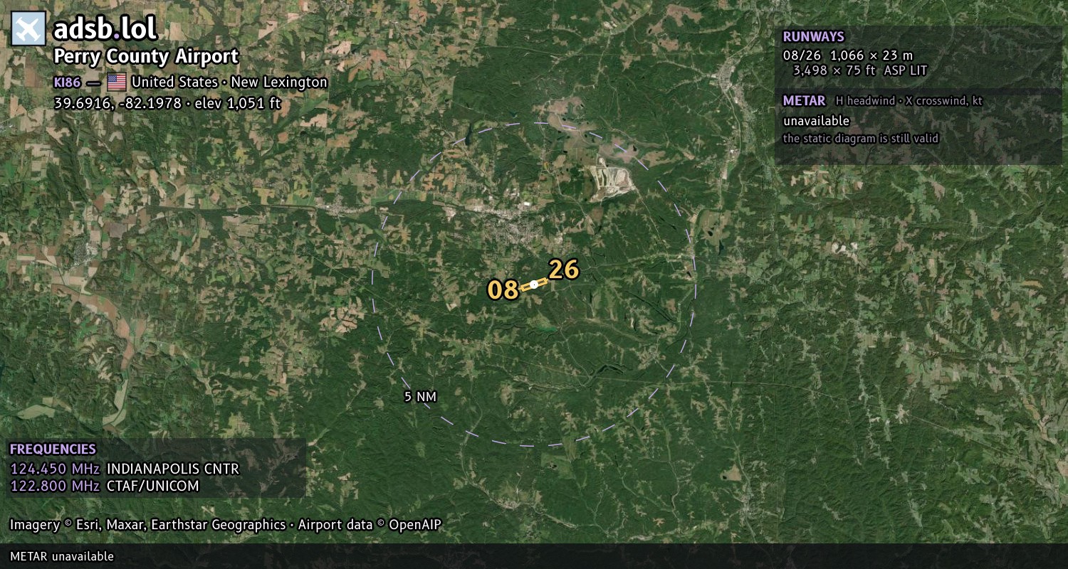 Satellite map with the runway layout of Perry County Airport (KI86)