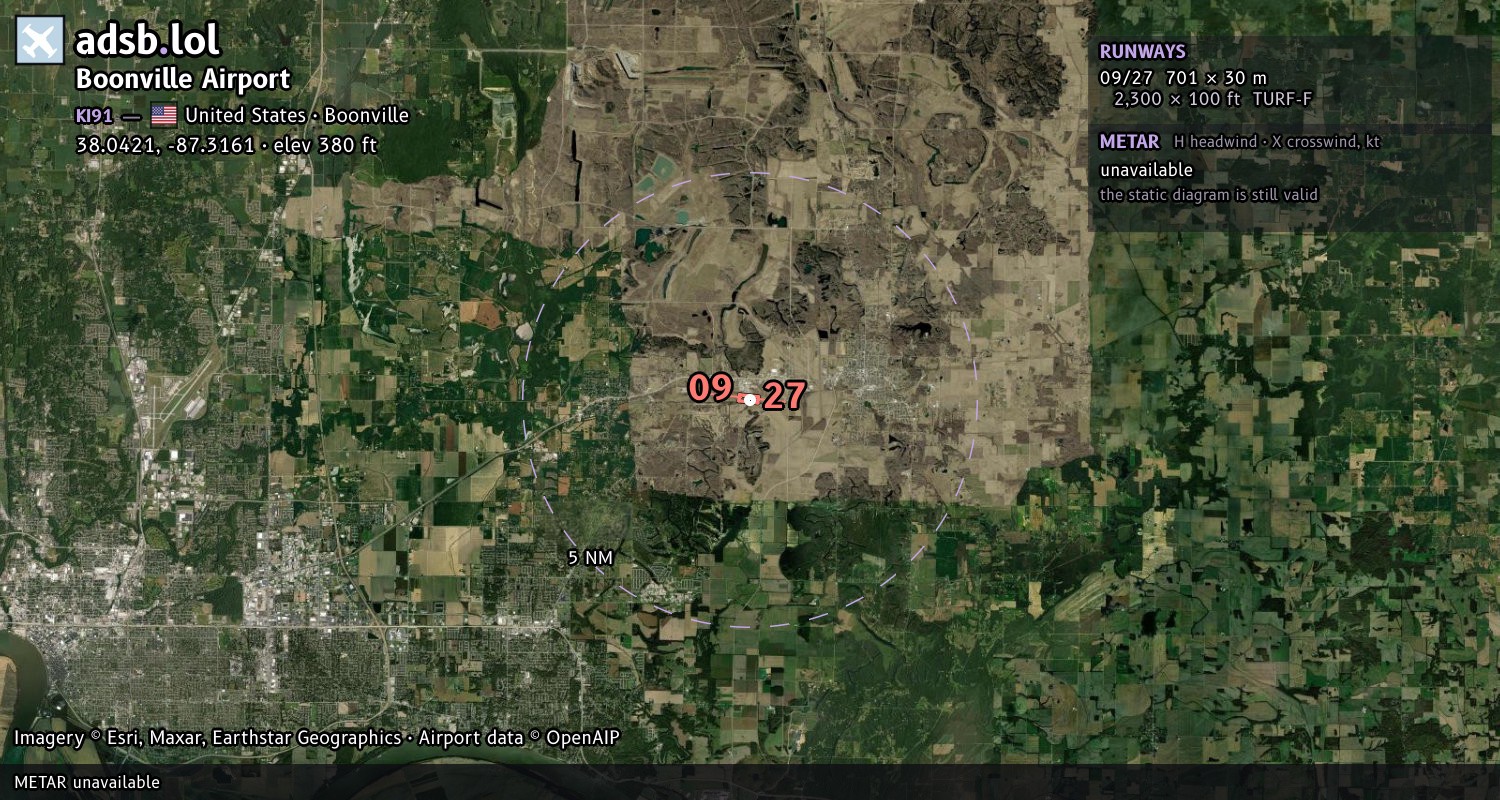 Satellite map with the runway layout of Boonville Airport (KI91)