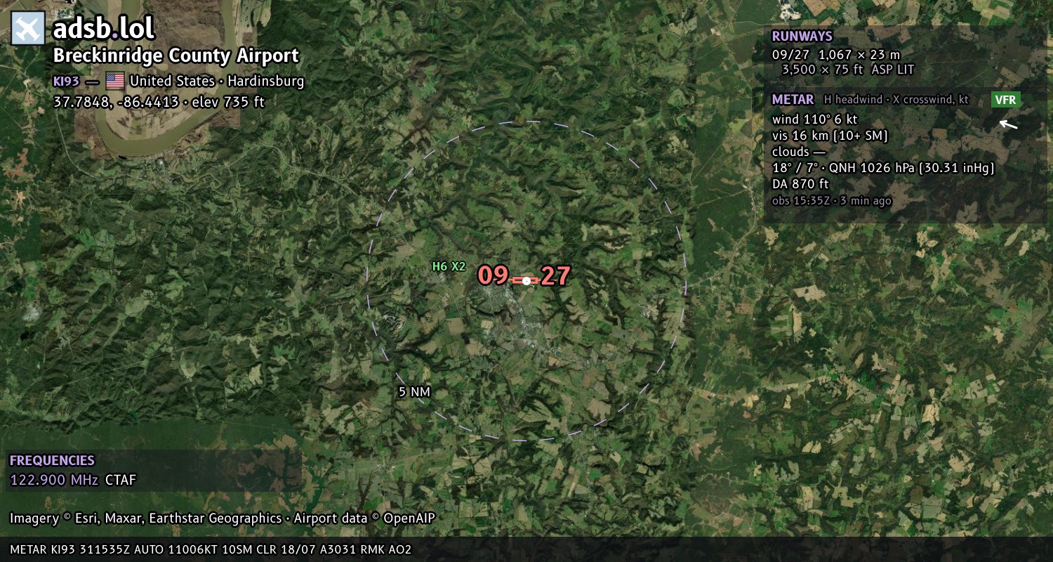 Satellite map with the runway layout of Breckinridge County Airport (KI93)
