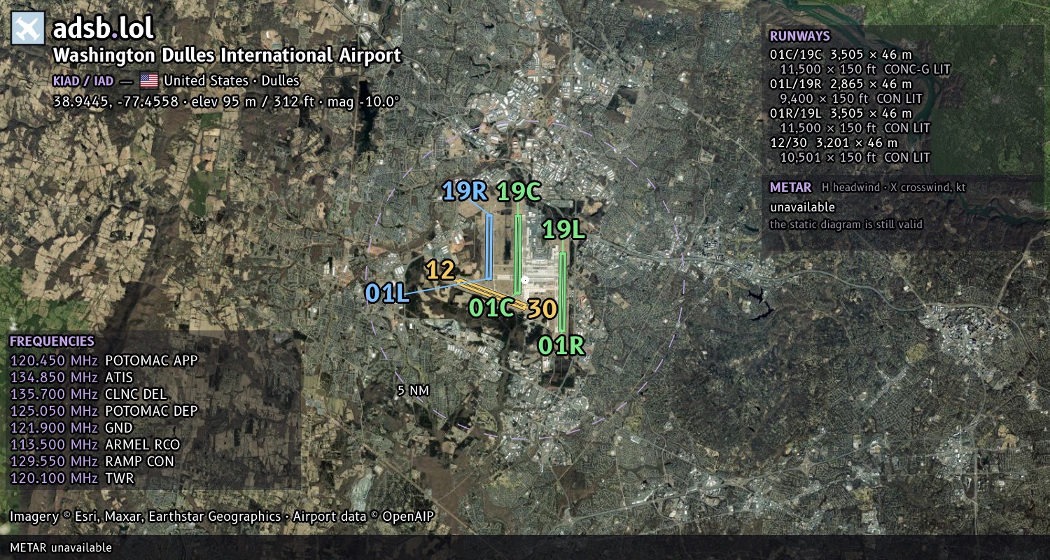 Satellite map with the runway layout of Washington Dulles International Airport (KIAD)