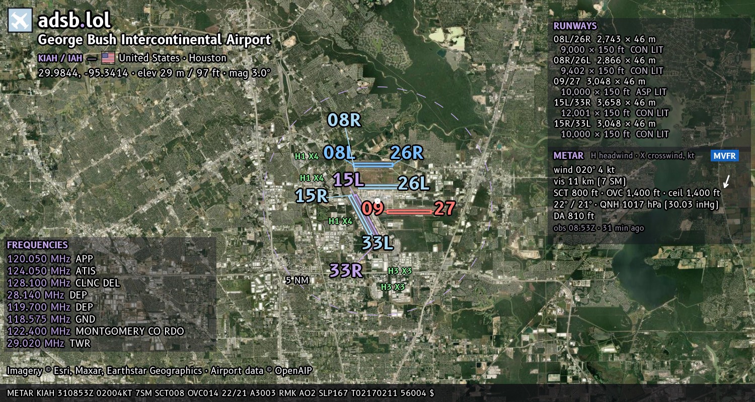 Satellite map with the runway layout of George Bush Intercontinental Airport (KIAH)