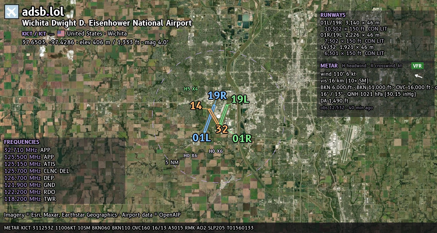 Satellite map with the runway layout of Wichita Dwight D. Eisenhower National Airport (KICT)