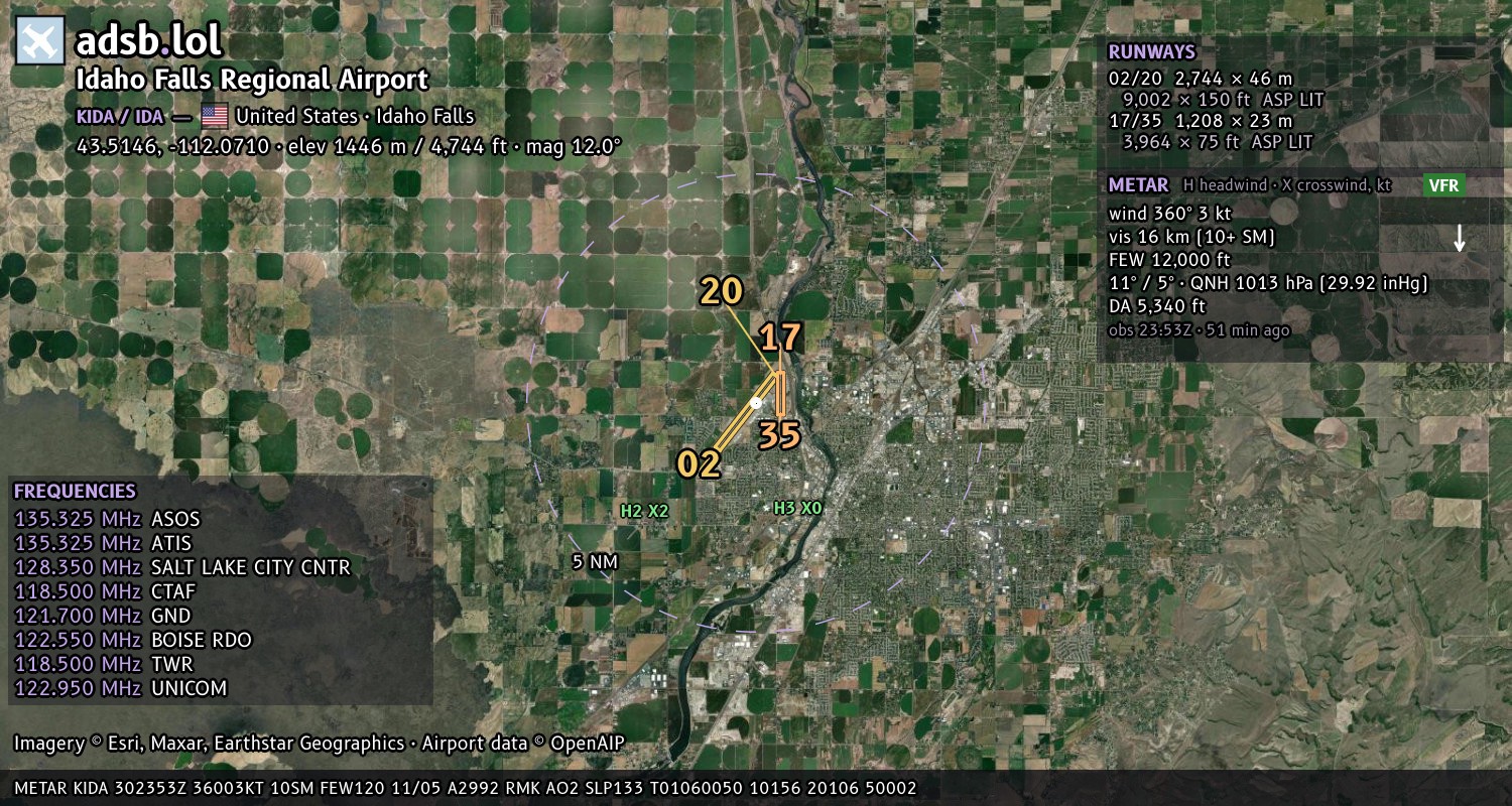 Satellite map with the runway layout of Idaho Falls Regional Airport (KIDA)