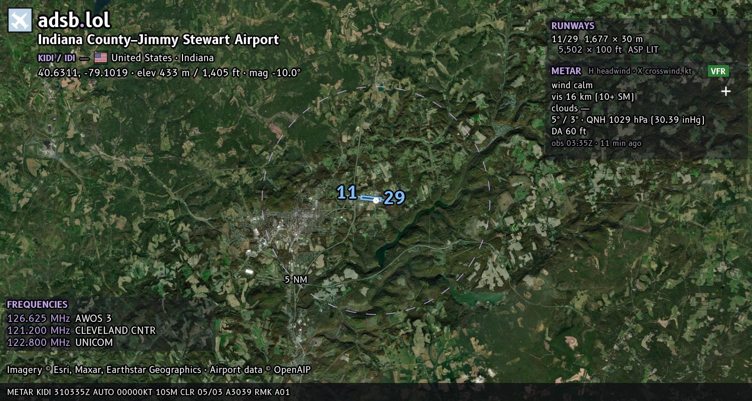 Satellite map with the runway layout of Indiana County–Jimmy Stewart Airport (KIDI)