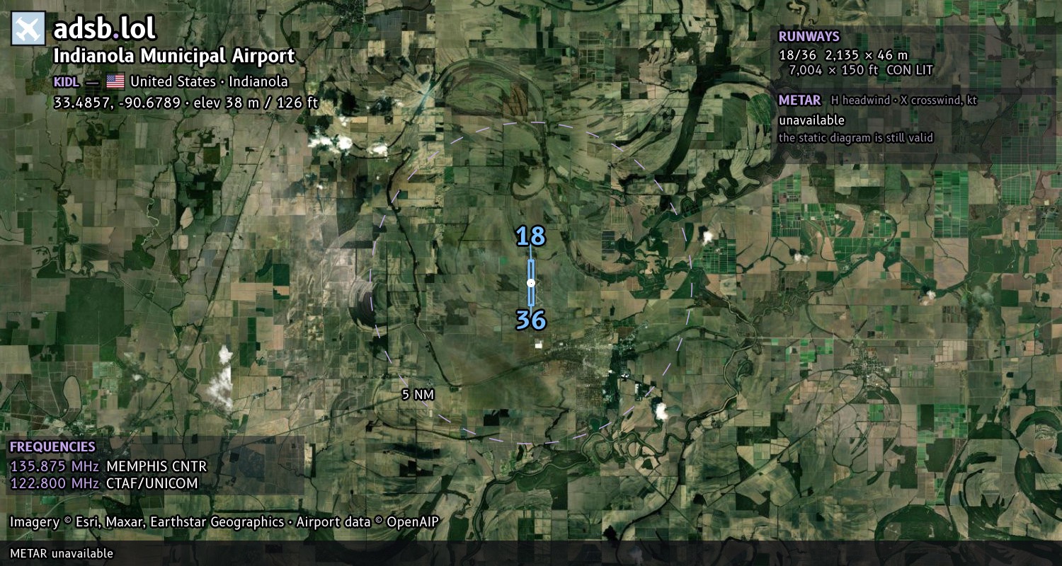 Satellite map with the runway layout of Indianola Municipal Airport (KIDL)