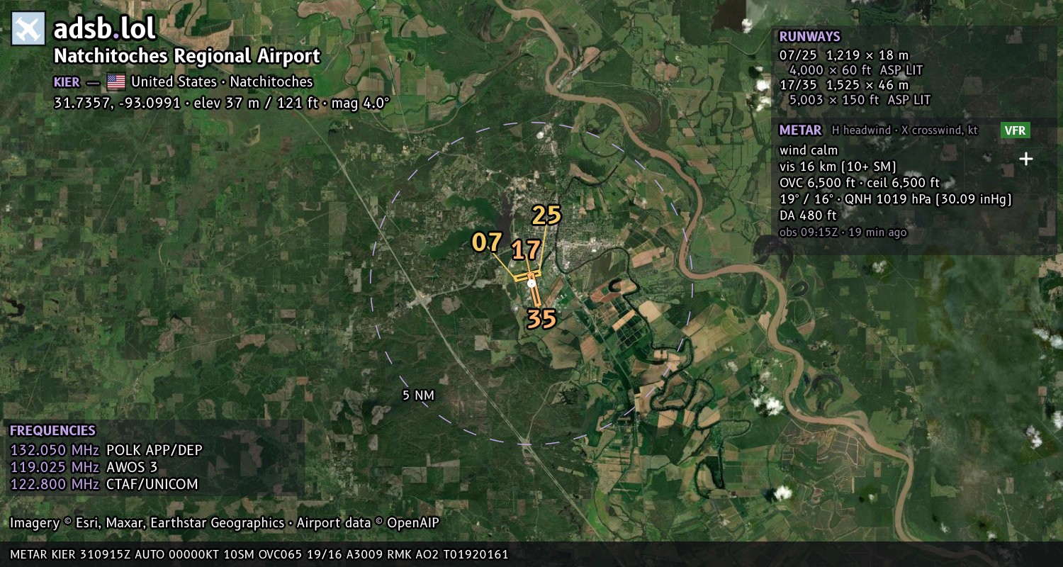 Satellite map with the runway layout of Natchitoches Regional Airport (KIER)