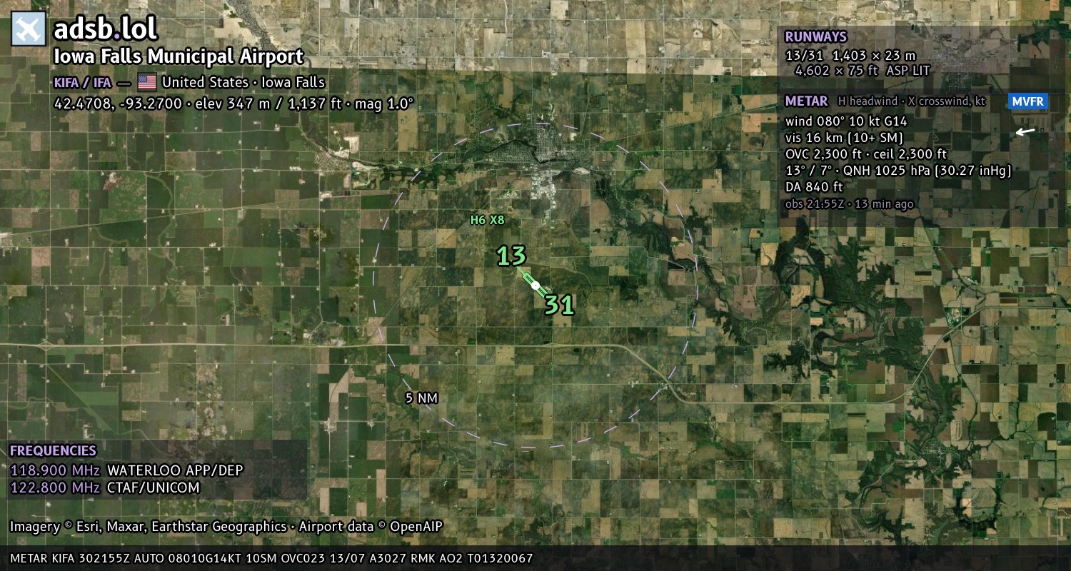 Satellite map with the runway layout of Iowa Falls Municipal Airport (KIFA)
