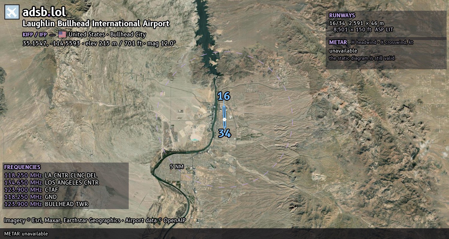 Satellite map with the runway layout of Laughlin Bullhead International Airport (KIFP)
