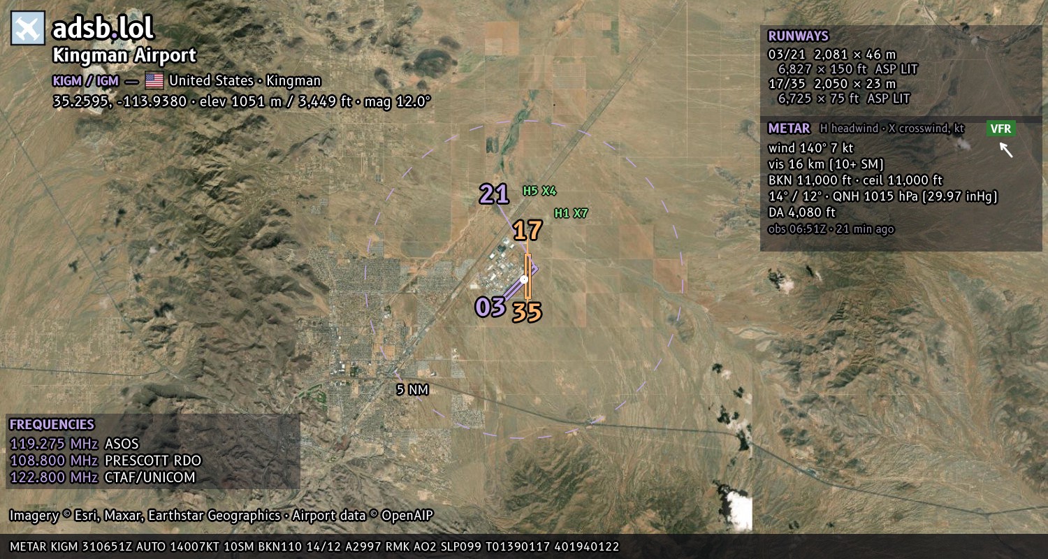 Satellite map with the runway layout of Kingman Airport (KIGM)