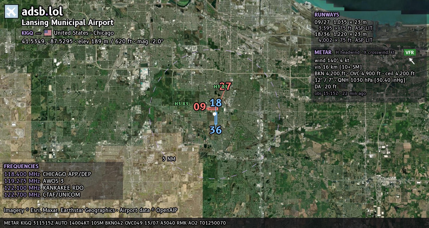 Satellite map with the runway layout of Lansing Municipal Airport (KIGQ)