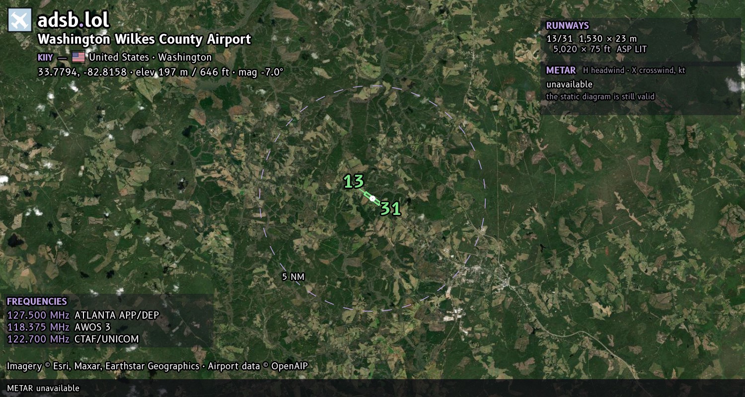 Satellite map with the runway layout of Washington Wilkes County Airport (KIIY)