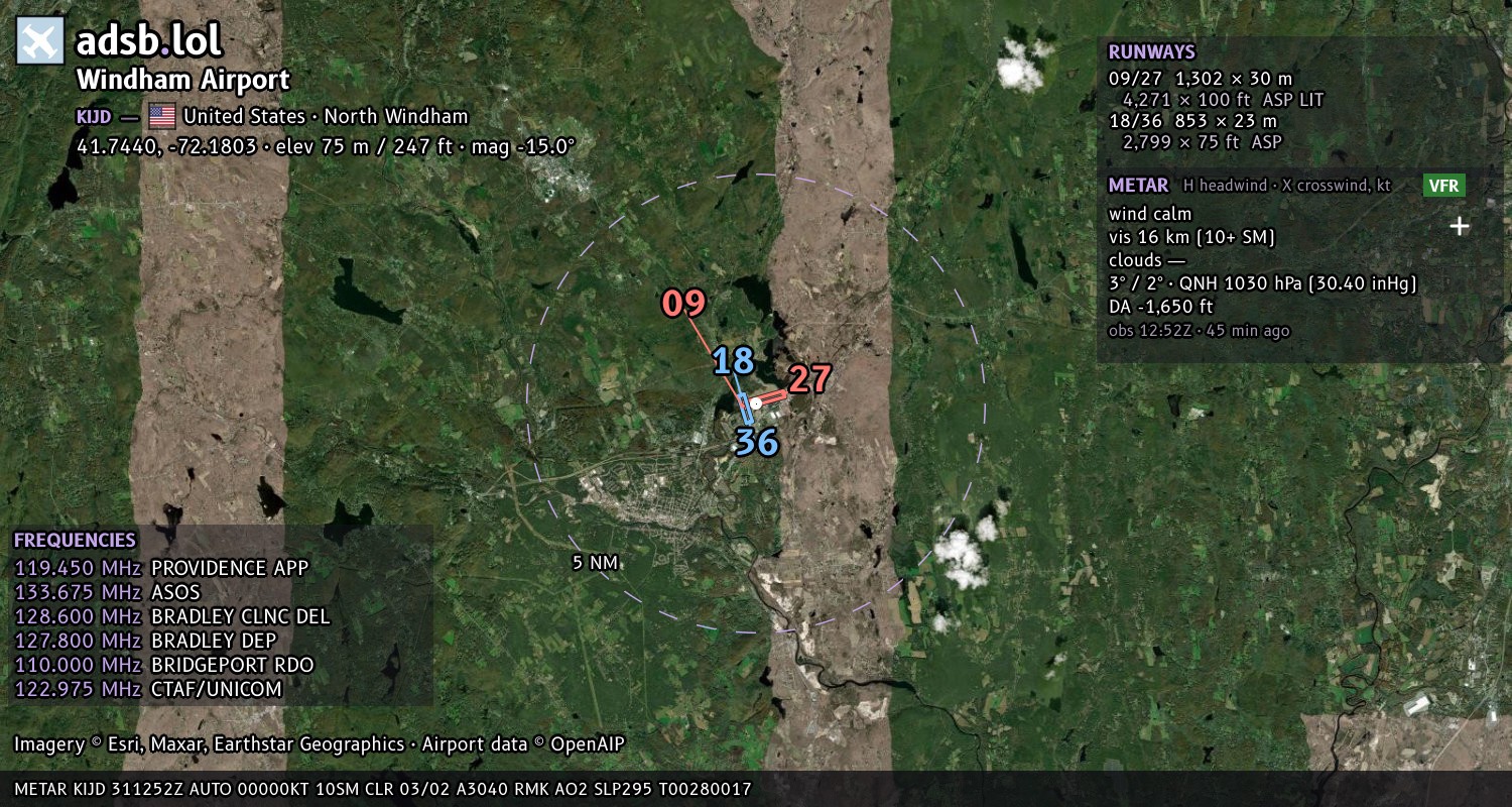 Satellite map with the runway layout of Windham Airport (KIJD)