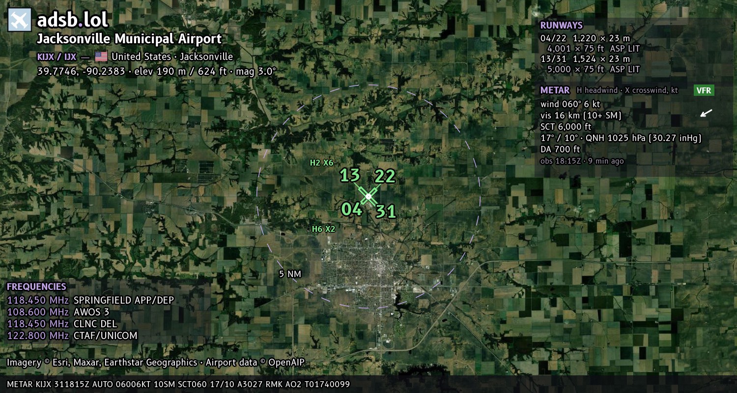 Satellite map with the runway layout of Jacksonville Municipal Airport (KIJX)