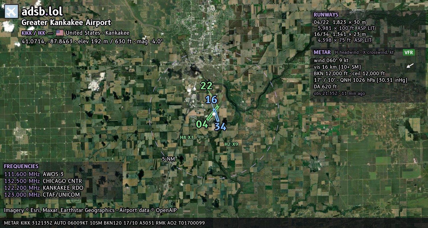 Satellite map with the runway layout of Greater Kankakee Airport (KIKK)