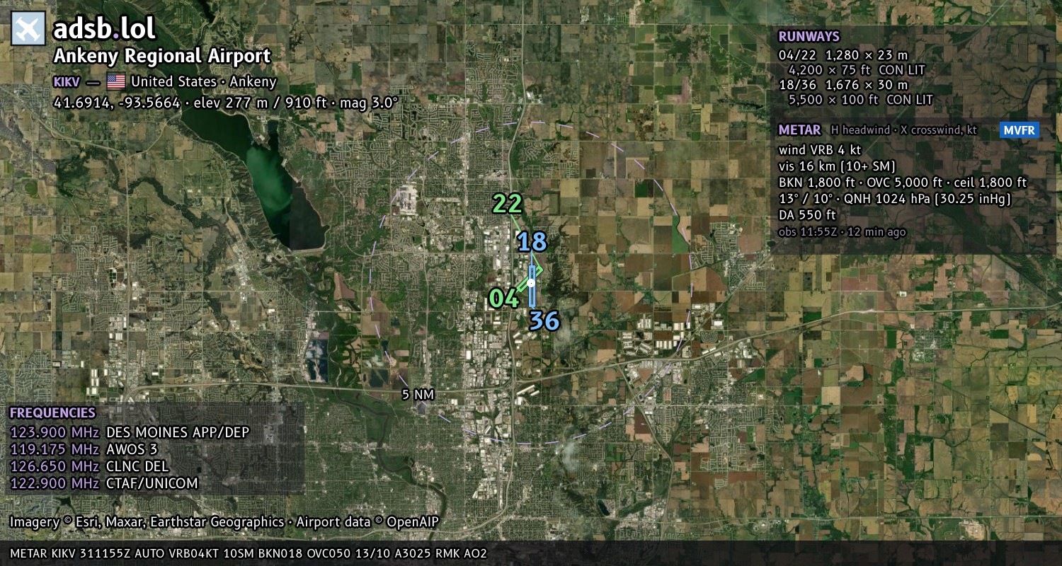 Satellite map with the runway layout of Ankeny Regional Airport (KIKV)