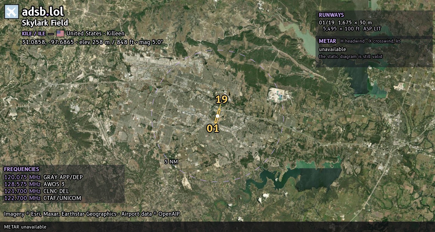 Satellite map with the runway layout of Skylark Field (KILE)