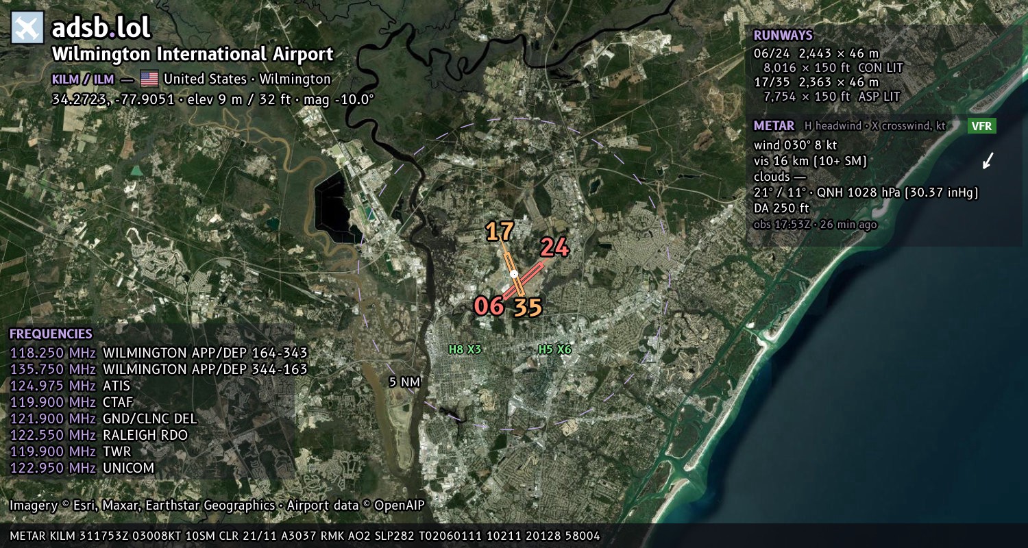 Satellite map with the runway layout of Wilmington International Airport (KILM)