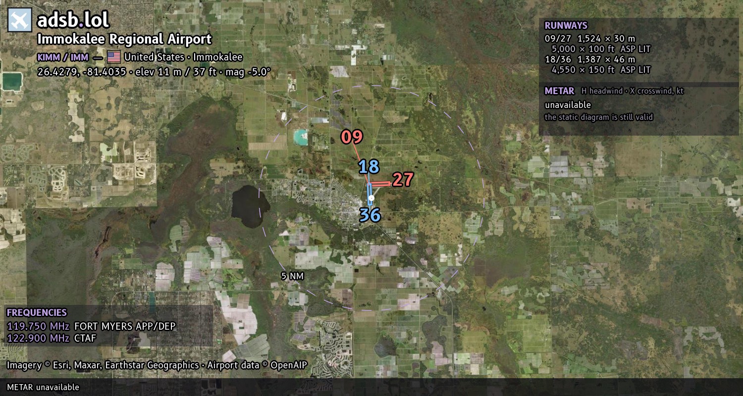 Satellite map with the runway layout of Immokalee Regional Airport (KIMM)
