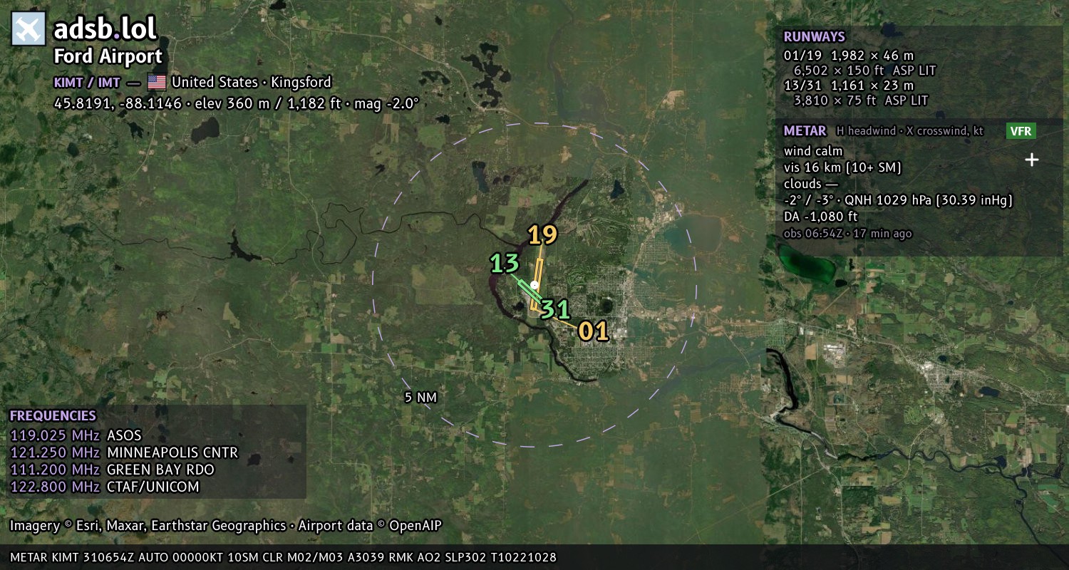 Satellite map with the runway layout of Ford Airport (KIMT)