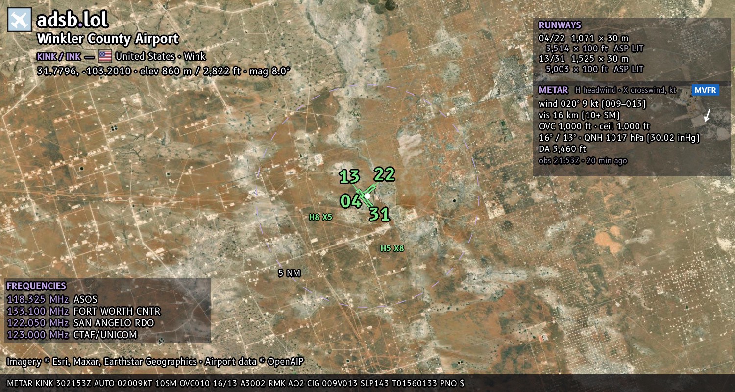 Satellite map with the runway layout of Winkler County Airport (KINK)