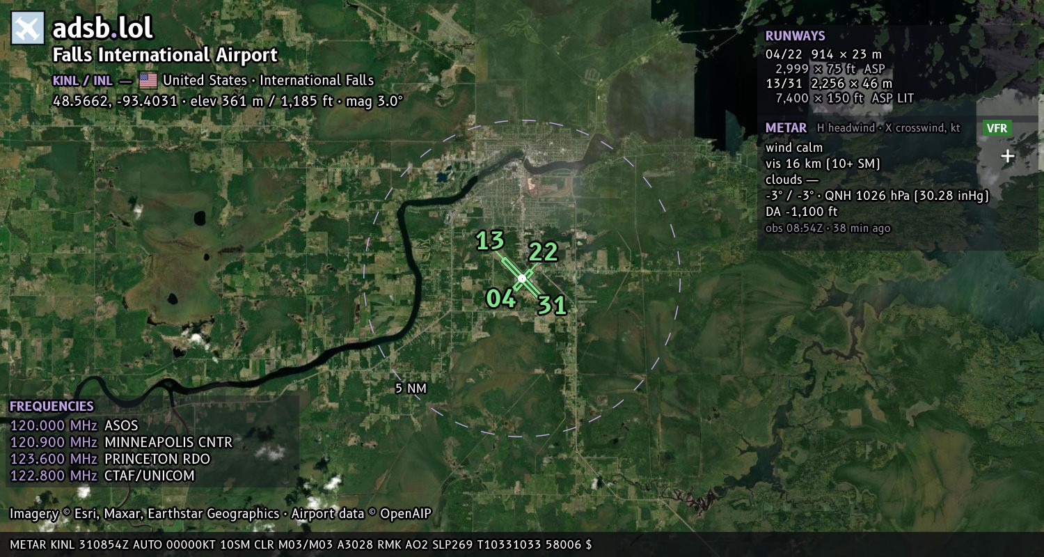 Satellite map with the runway layout of Falls International Airport (KINL)