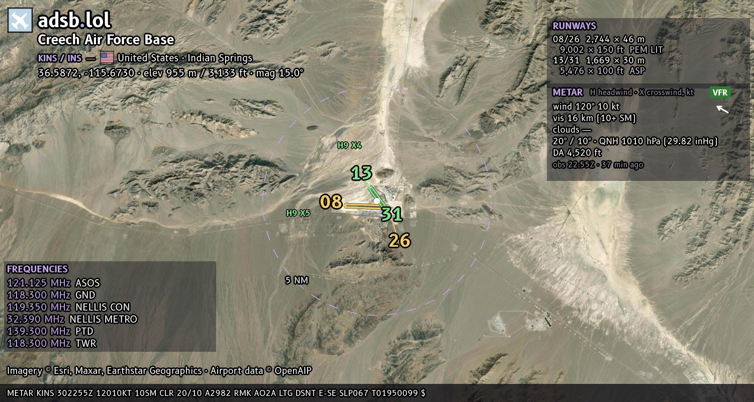 Satellite map with the runway layout of Creech Air Force Base (KINS)