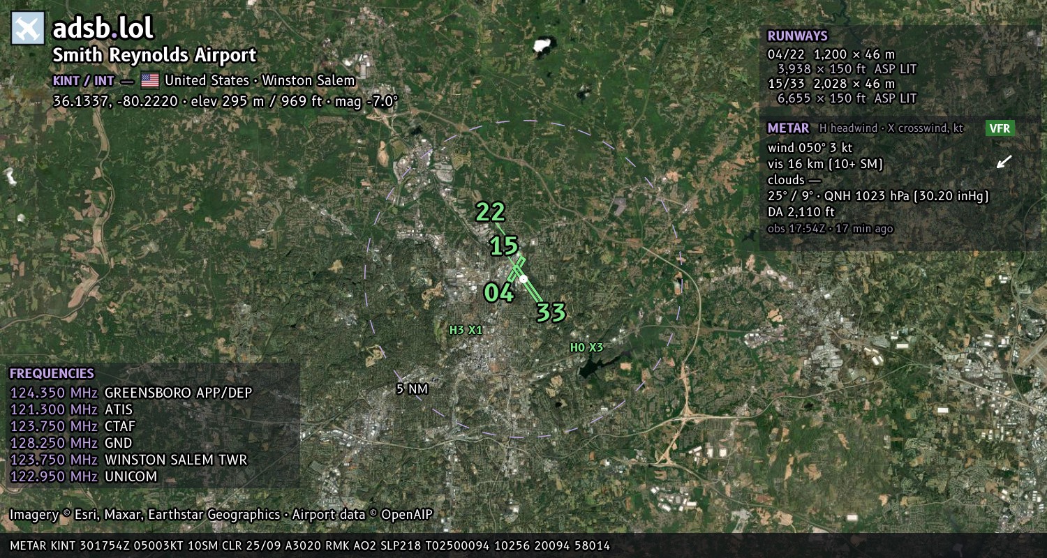 Satellite map with the runway layout of Smith Reynolds Airport (KINT)